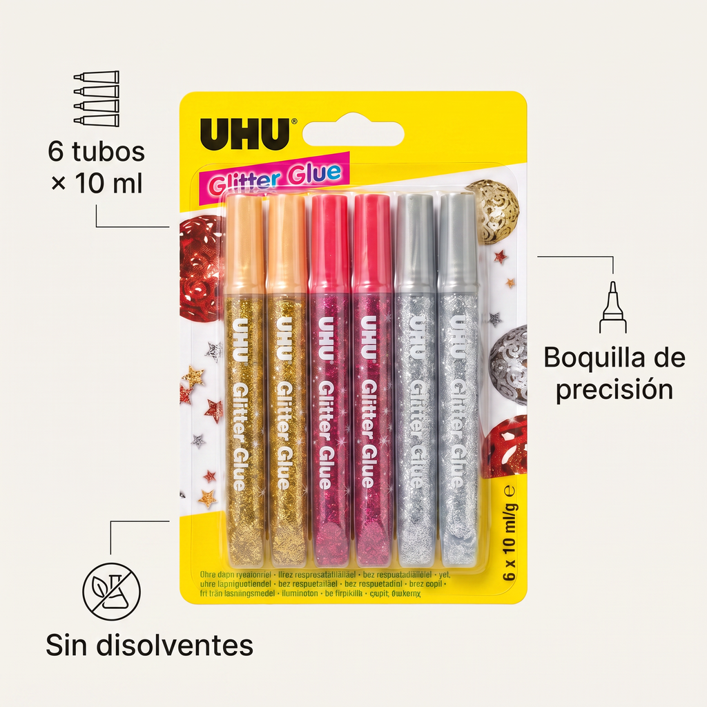 UHU Glitter Glue Pack de 6 Pegamentos con Purpurina 10 ml