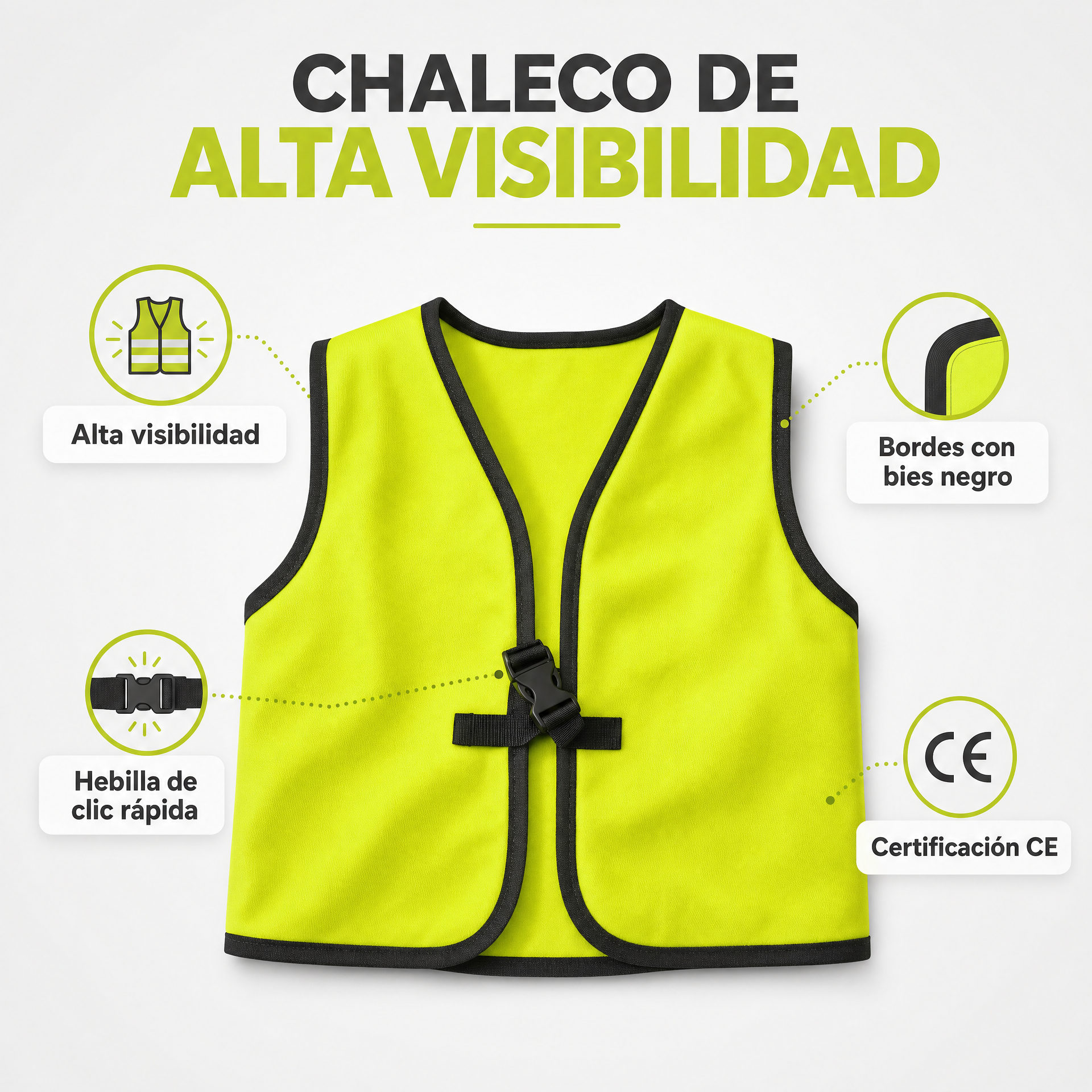 Chaleco amarillo fluorescente con cierre de hebilla frontal