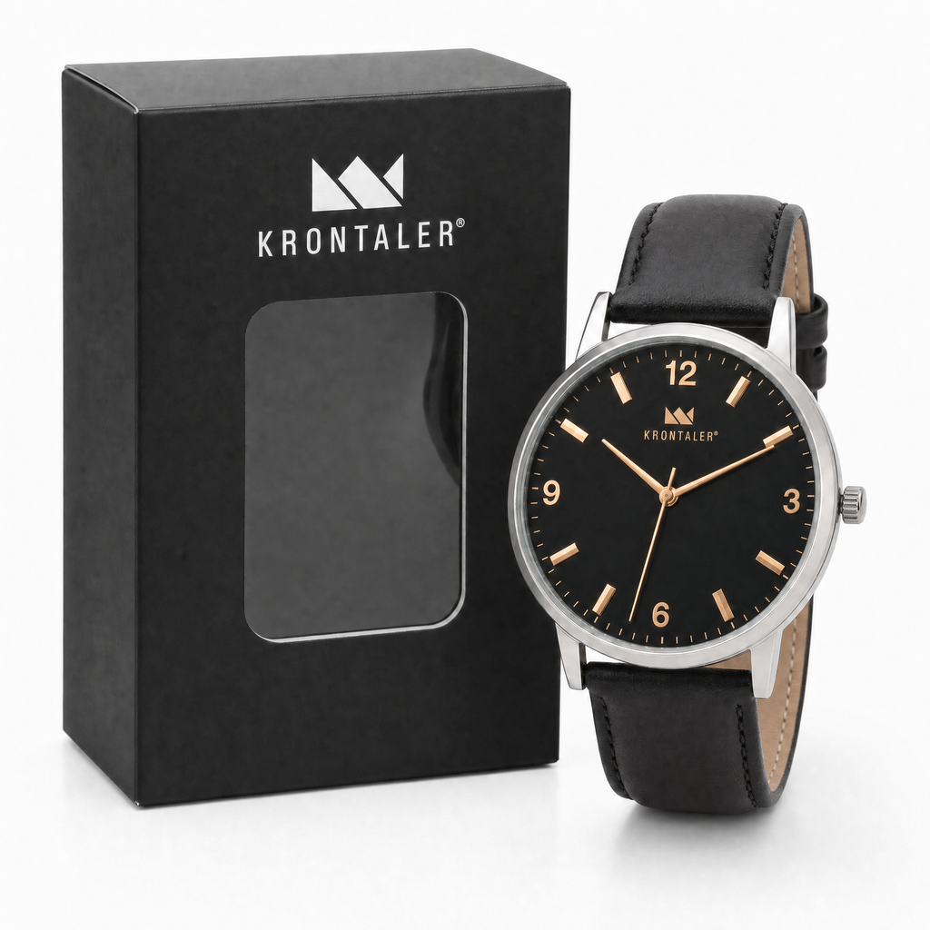 Reloj Krontaler para Hombre - Esfera Negra y Detalles Dorados