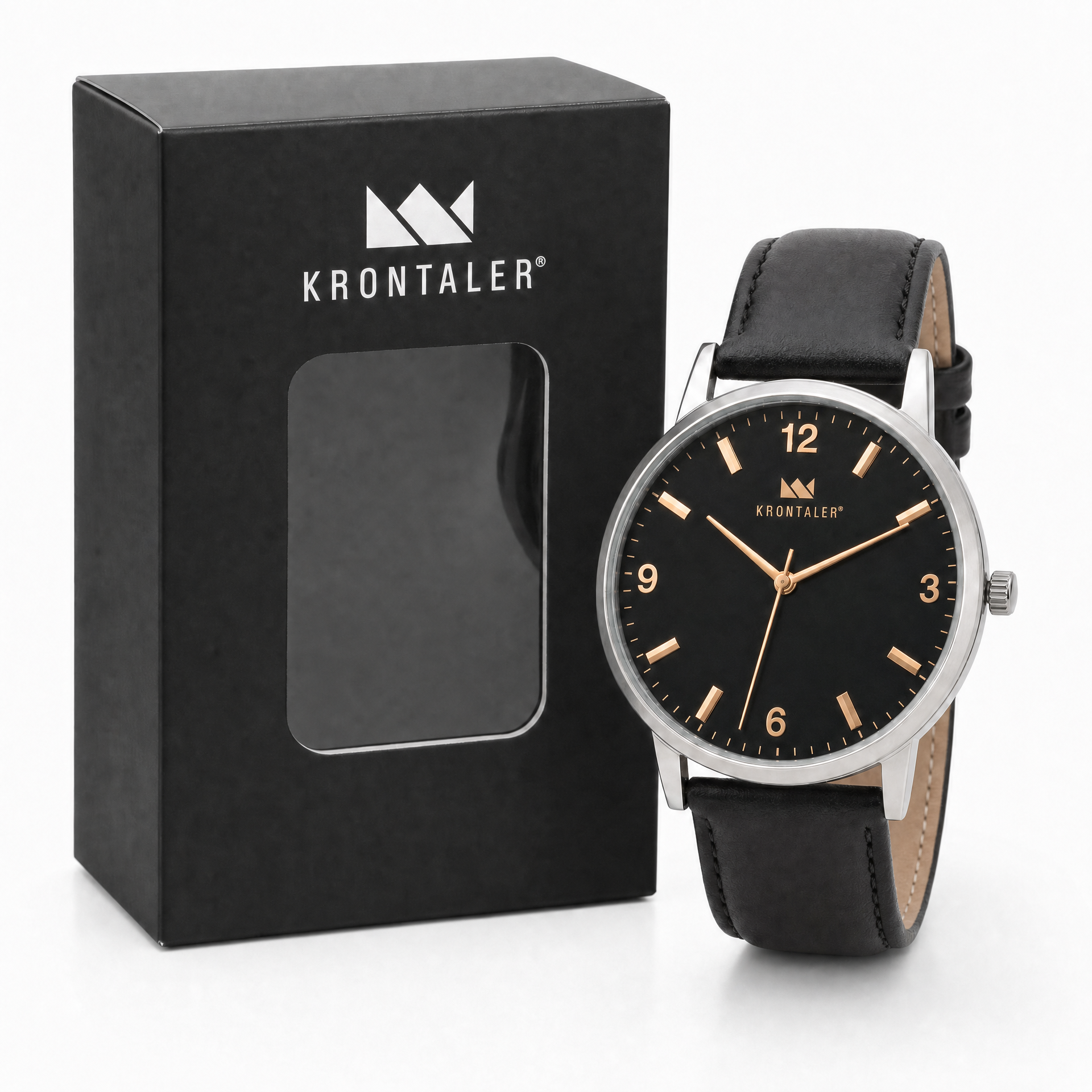 Reloj Krontaler para Hombre - Esfera Negra y Detalles Dorados