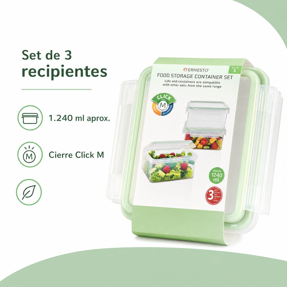 Juego de tres recipientes Ernesto de 1.240 ml aproximadamente y sistema Click M