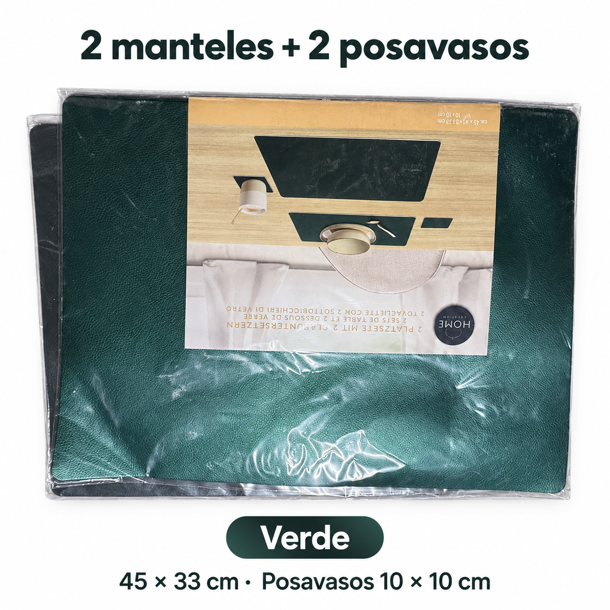 Home Creation 2 manteles rectangulares y 2 posavasos verdes: medidas y contenido del paquete