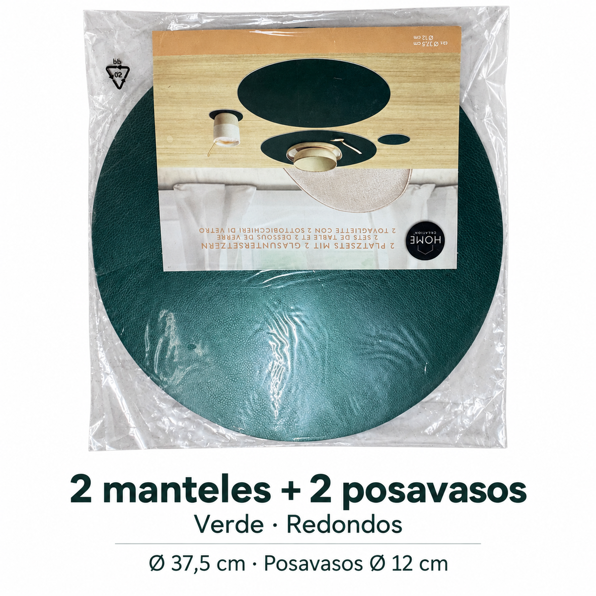 Home Creation 2 manteles redondos y 2 posavasos verdes: diámetros y contenido del paquete