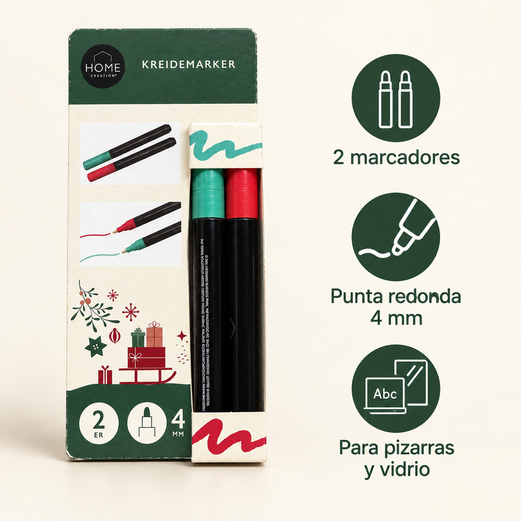 Características: dos marcadores, punta redonda 4 mm, para pizarras y vidrio