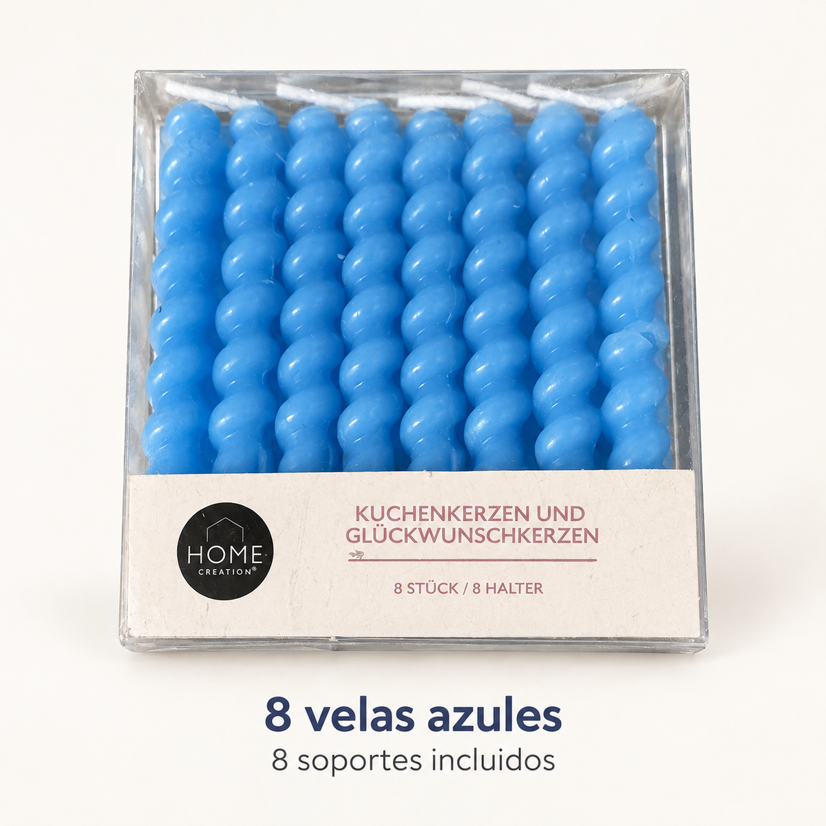 Características del pack Home Creation: ocho velas azules y ocho soportes