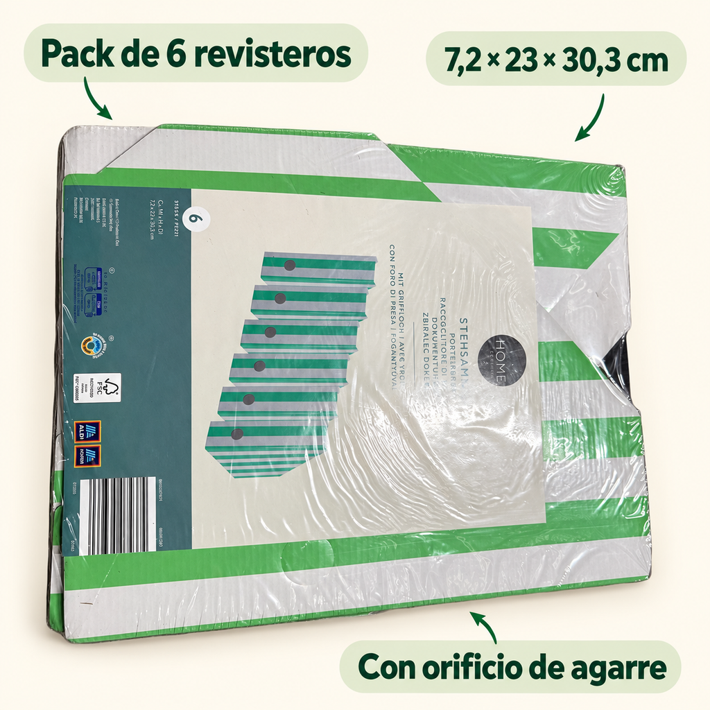 Características de los seis revisteros HOME: medidas de 7,2 por 23 por 30,3 cm y orificio de agarre