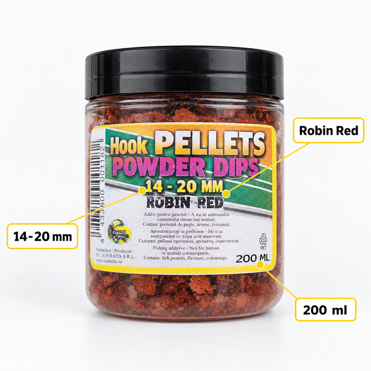 Pro Elite Baits Hook Pellets Powder Dips Robin Red 14-20 mm 200 ml con características