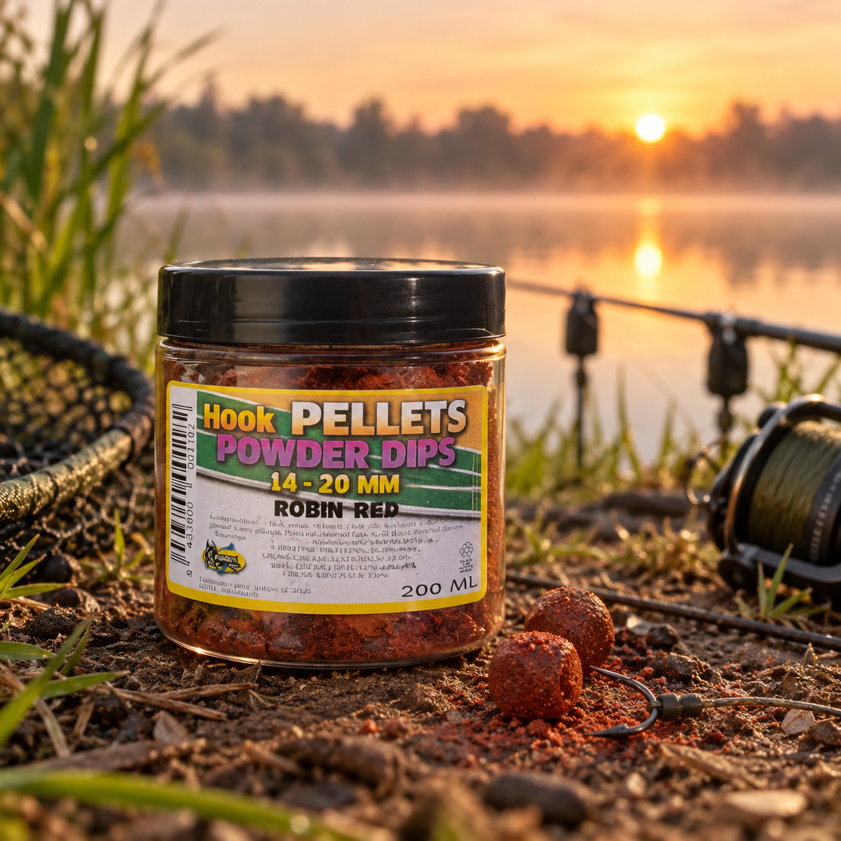 Pro Elite Baits Hook Pellets Powder Dips Robin Red 14-20 mm 200 ml en ambiente de pesca