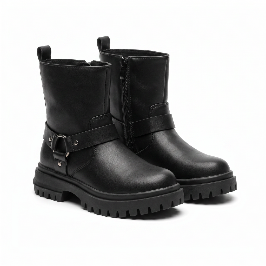 Botas Moteras Niña Negras — Estilo Biker con Hebilla y Cremallera