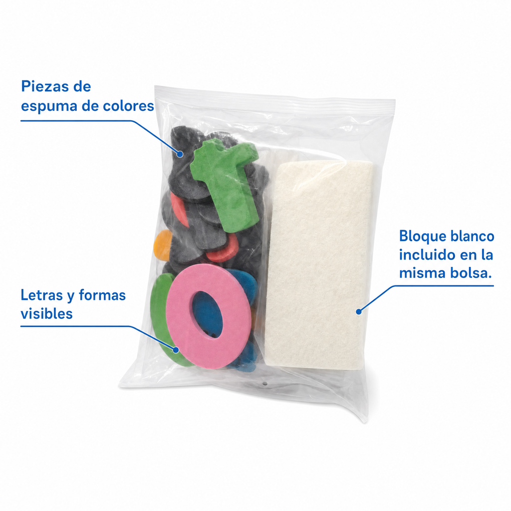 Set de piezas de espuma de colores con letras y bloque blanco en bolsa transparente