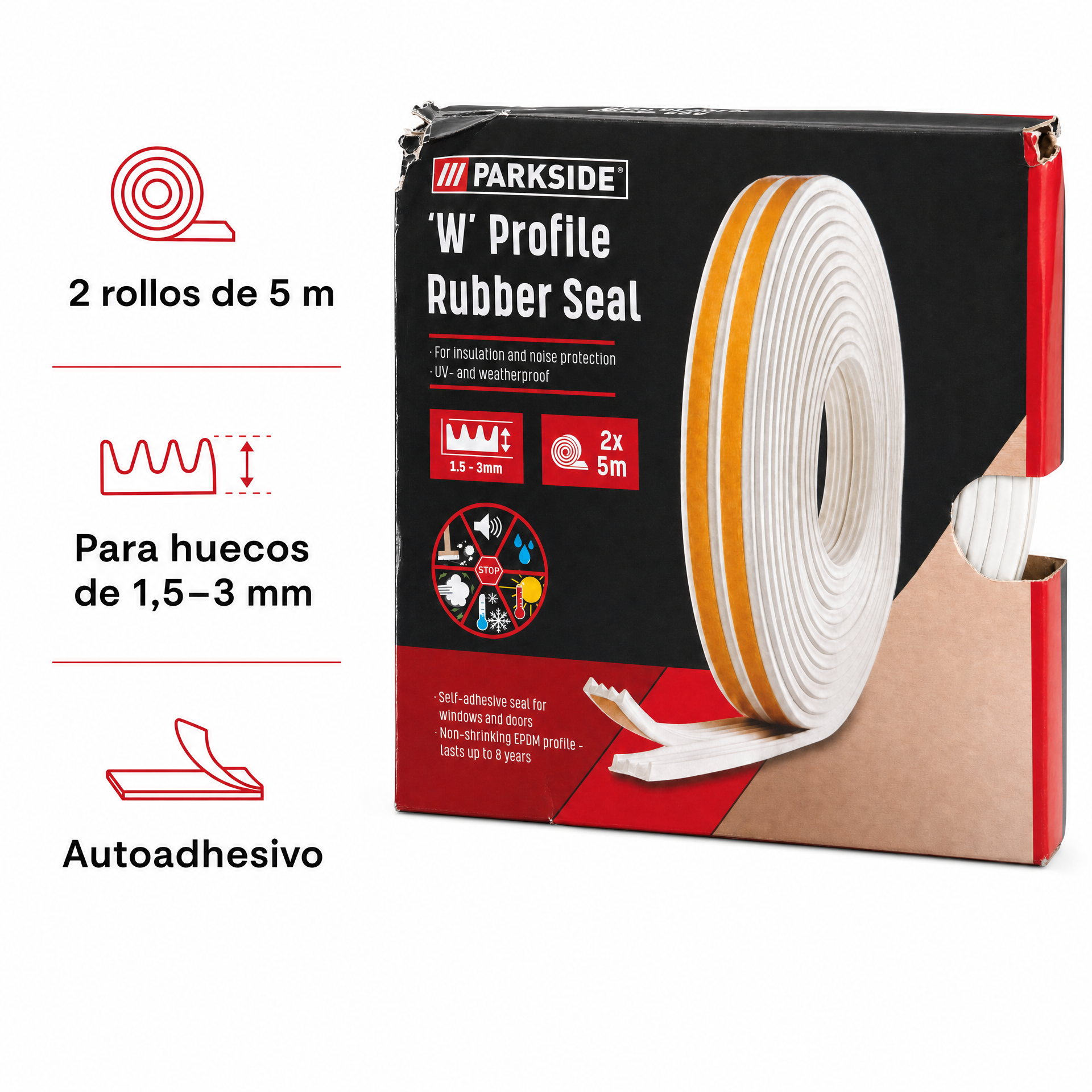 Parkside Burlete de Goma Autoadhesivo Perfil W 2 x 5 m