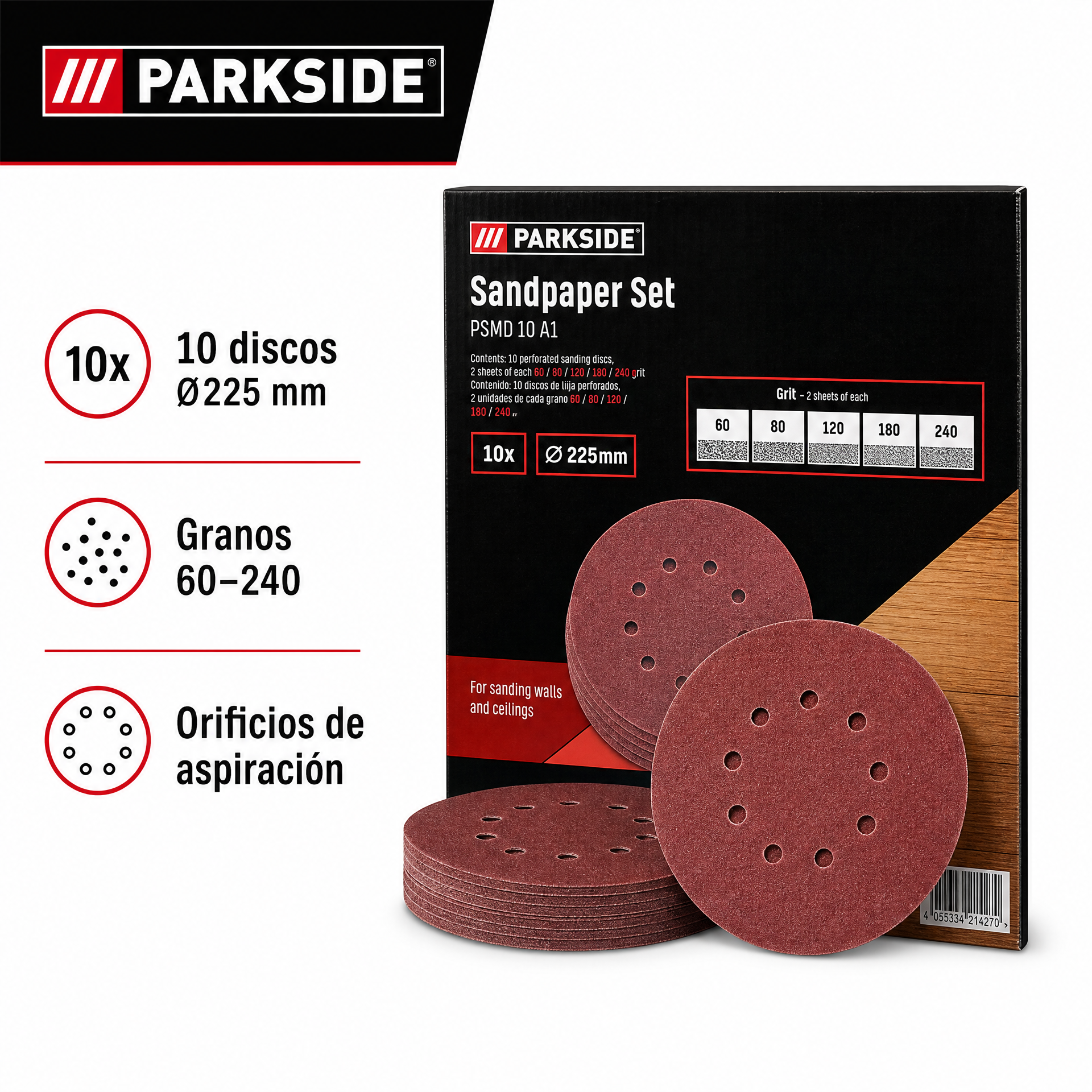 Parkside — Discos de lija perforados Ø225 mm, surtido de granulometrías