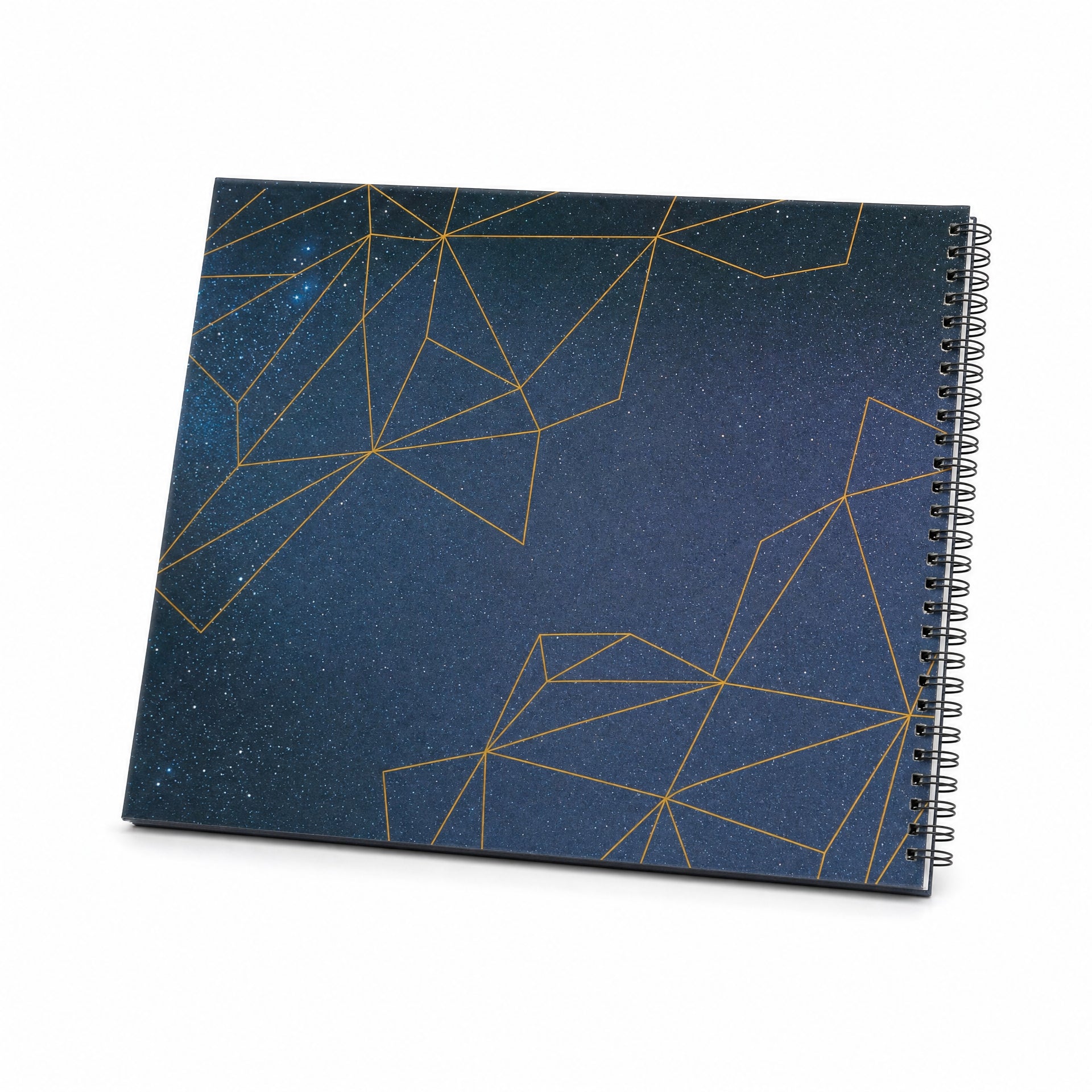 Álbum encuadernado en espiral azul oscuro con líneas geométricas doradas y puntos estelares