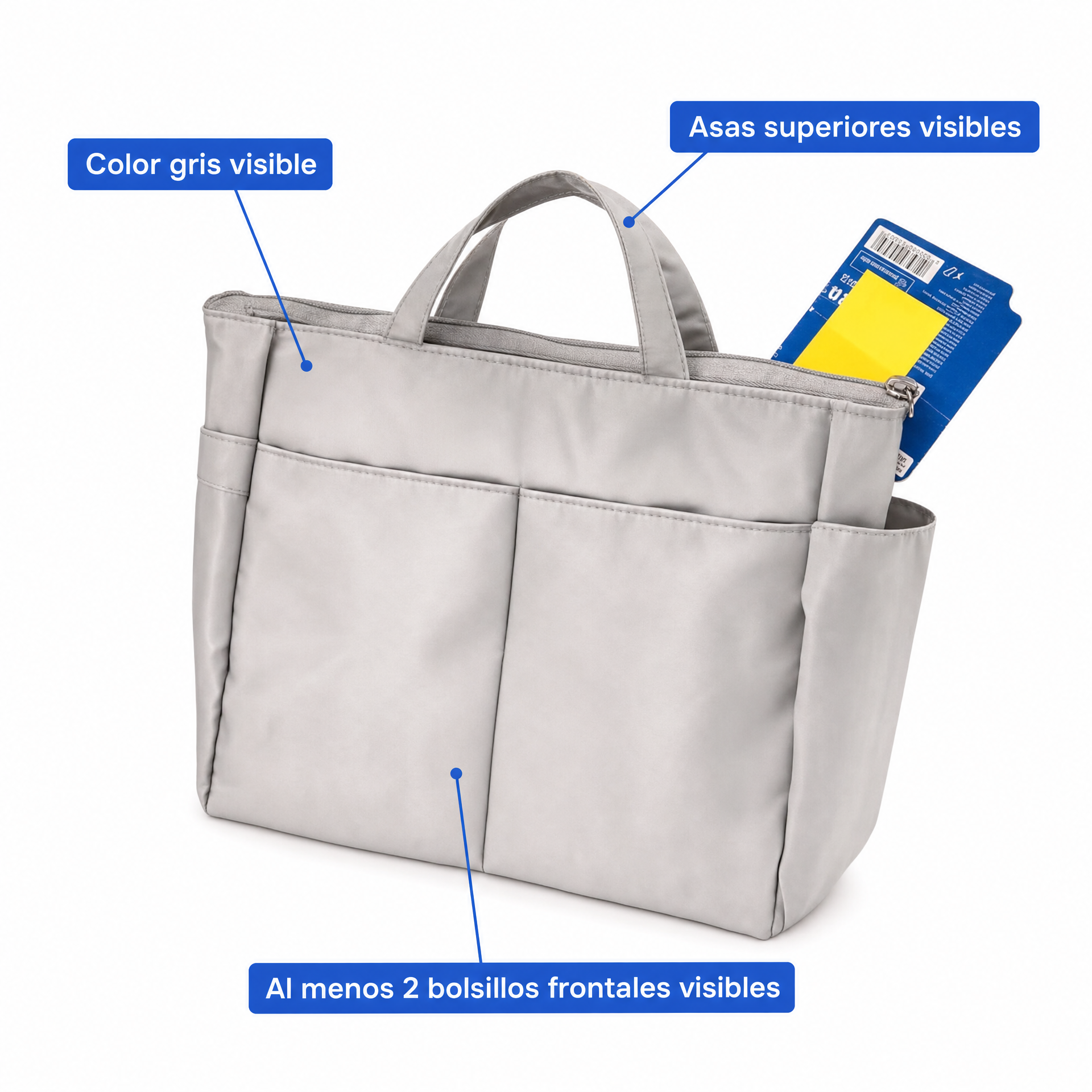 Organizador de bolso gris con asas superiores, bolsillos exteriores y cremallera superior