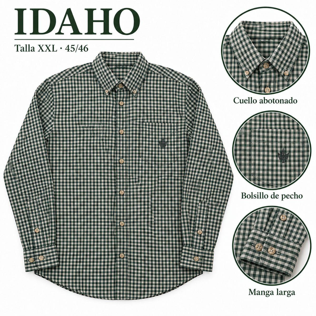 Camisa Idaho XXL 45/46 con manga larga, cuello abotonado y bolsillo de pecho