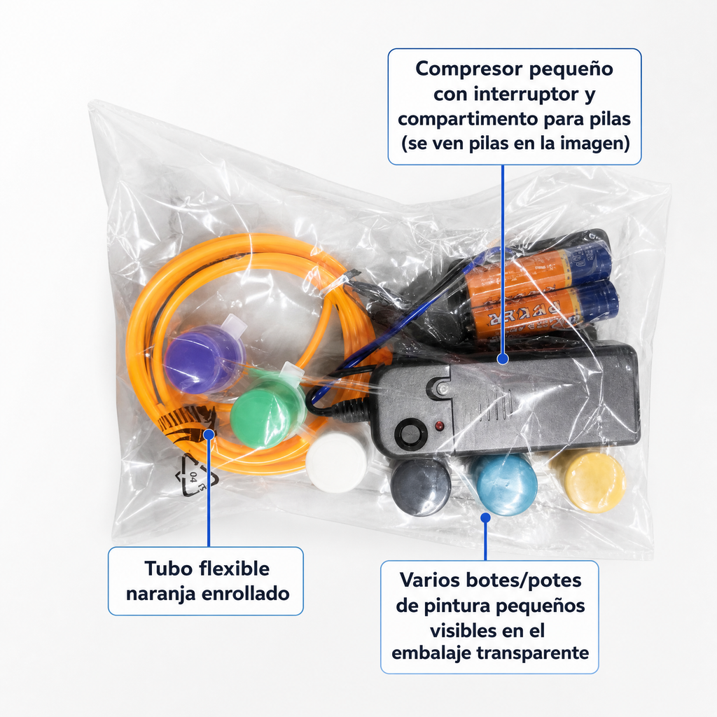 Conjunto compacto con compresor a pilas, tubo naranja en espiral y botes de pintura