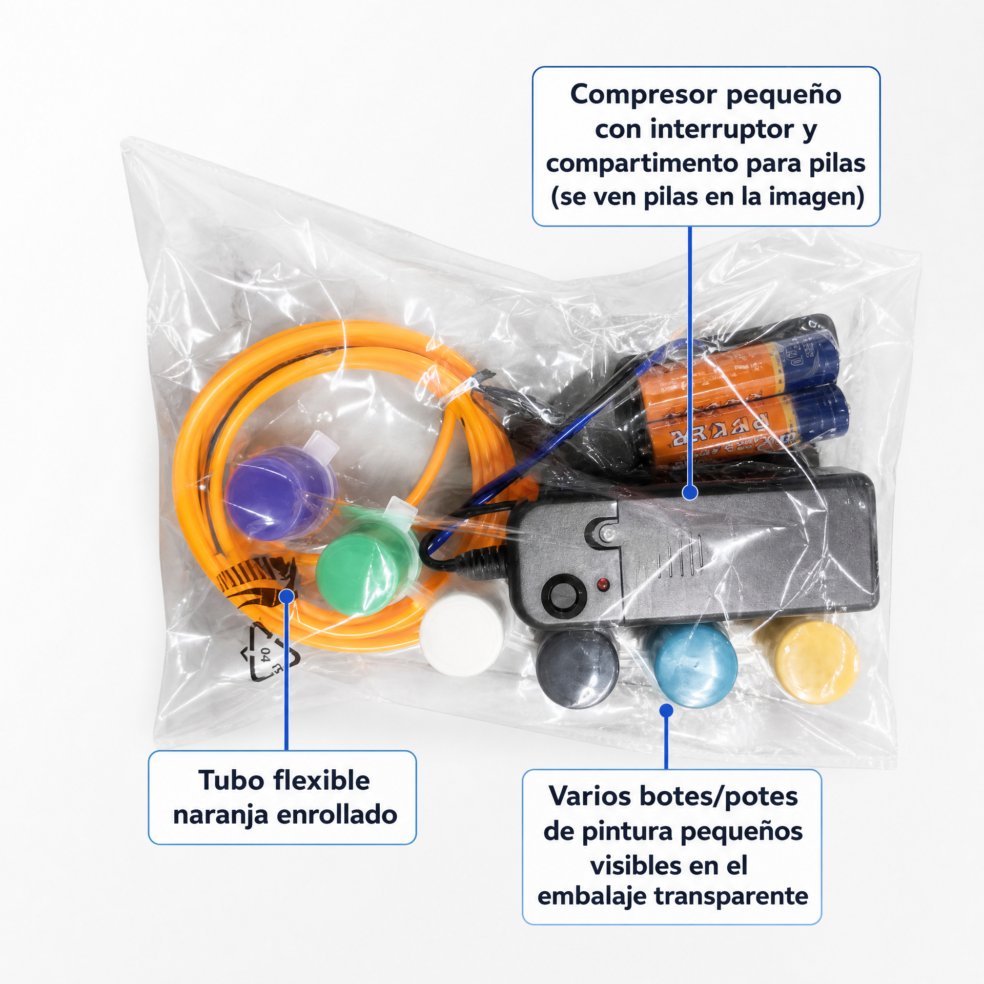 Conjunto compacto con compresor a pilas, tubo naranja en espiral y botes de pintura