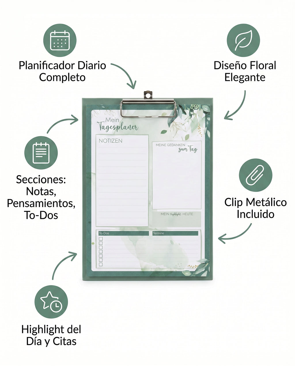 Planificador Diario con Clip Floral Verde