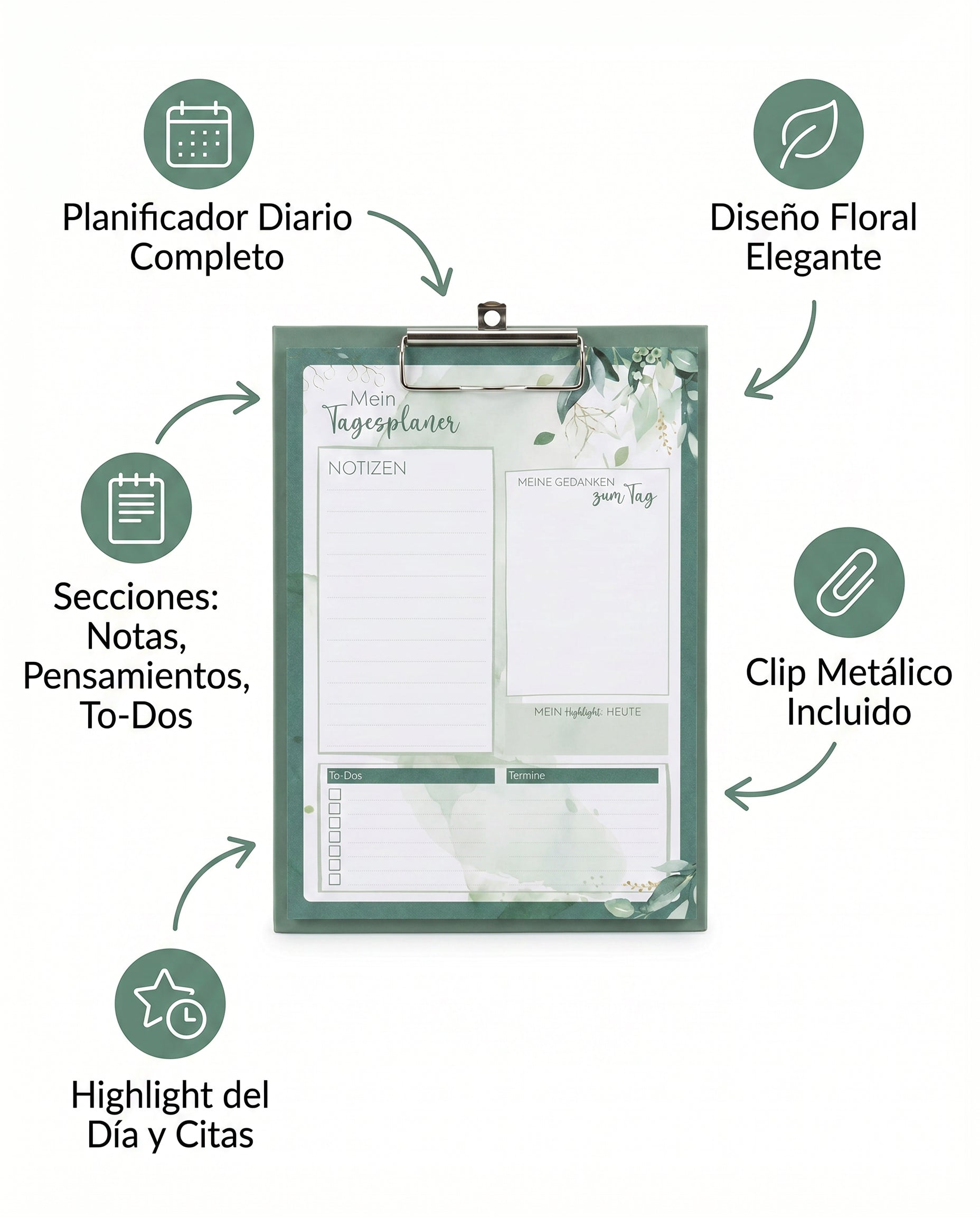 Planificador Diario con Clip Floral Verde