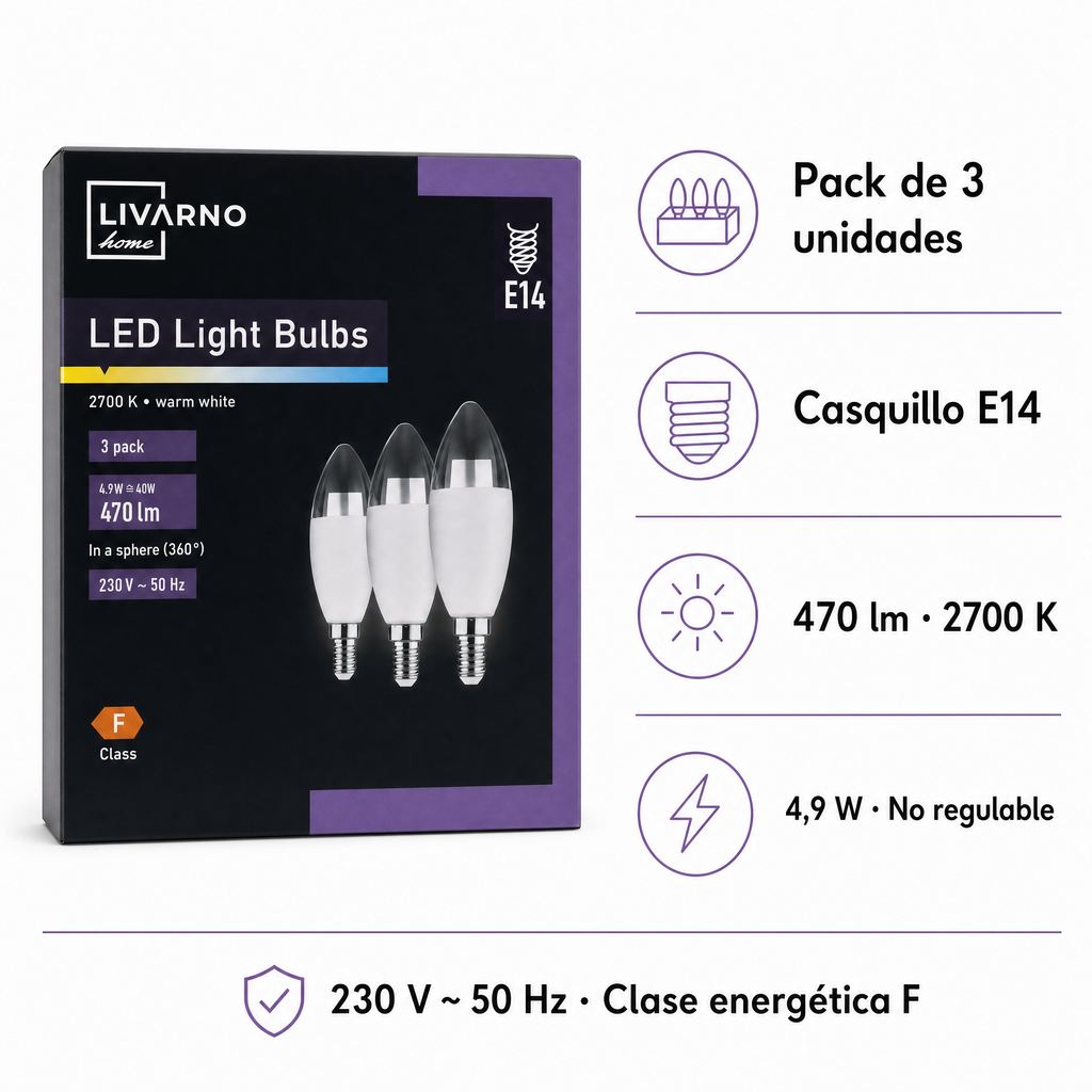 Pack 3 Bombillas LED Vela LIVARNO home E14 4,9 W · 470 lm