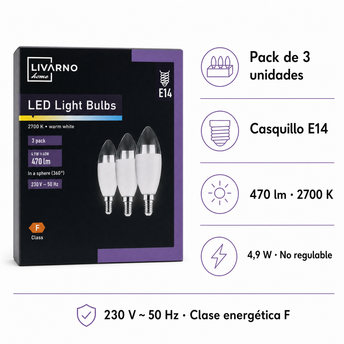 Pack 3 Bombillas LED Vela LIVARNO home E14 4,9 W · 470 lm