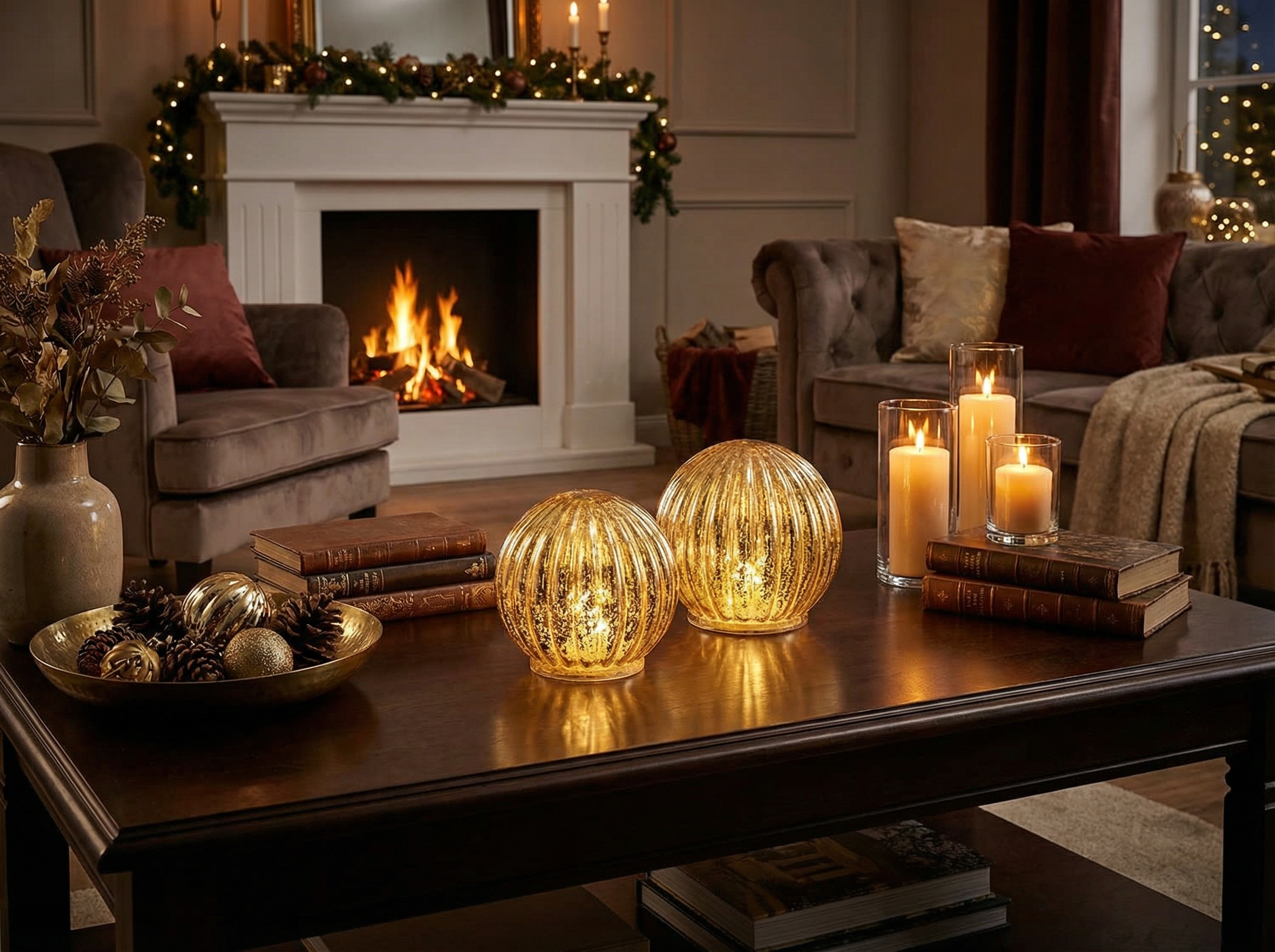 Set 2 Bolas Decorativas LED Cristal Dorado con Timer | Casalux