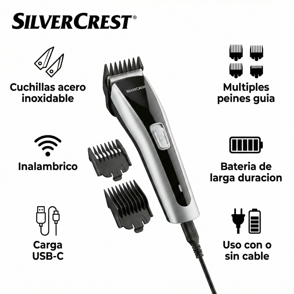 Cortapelos Inalambrico SilverCrest SHBS 500 E5 - Cuchillas Acero Inoxidable