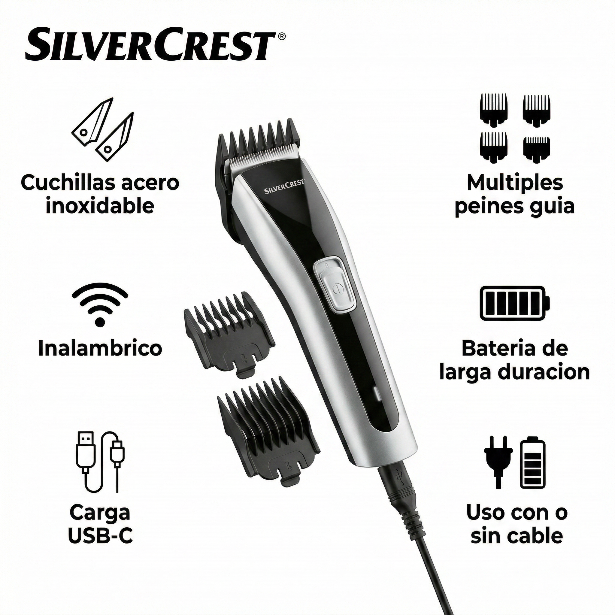 Cortapelos Inalambrico SilverCrest SHBS 500 E5 - Cuchillas Acero Inoxidable
