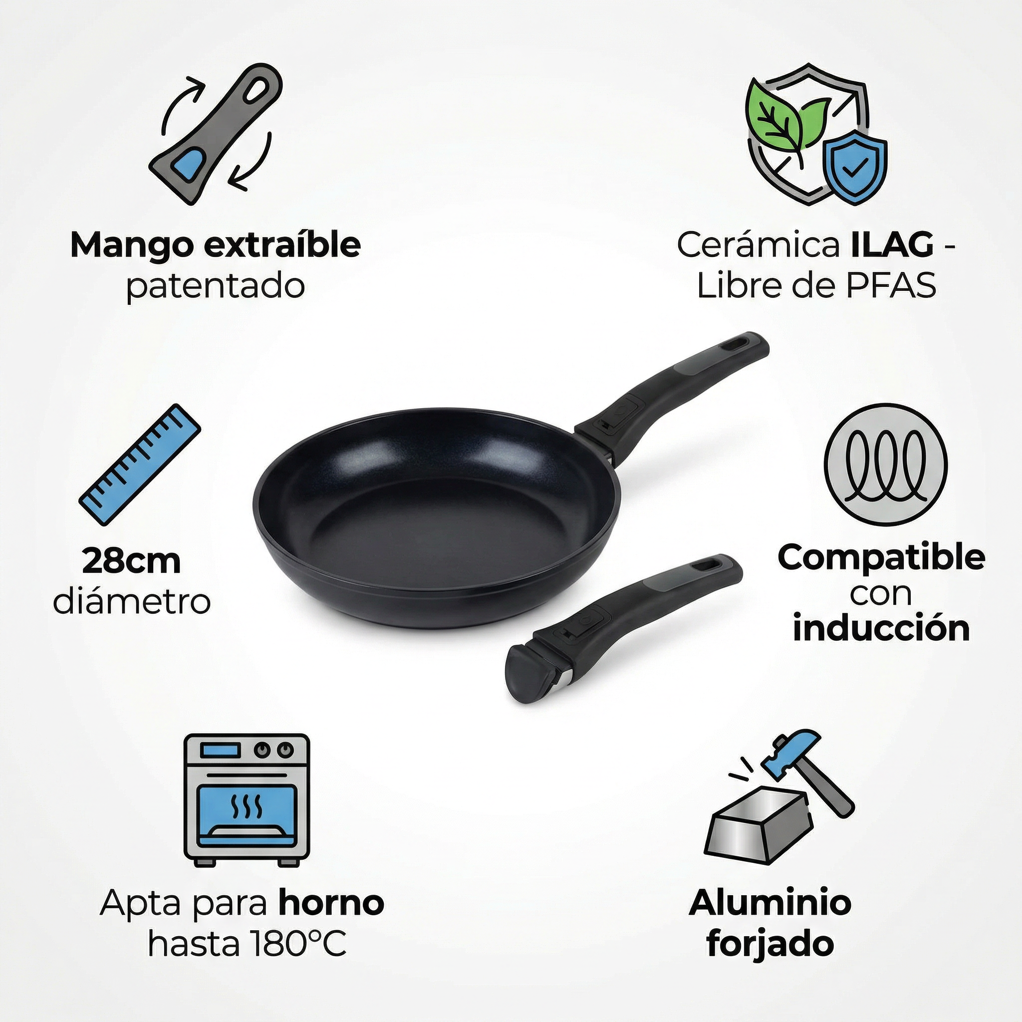 Sarten Crofton con Mango Extraible 28cm - Ceramica ILAG PFAS-Free