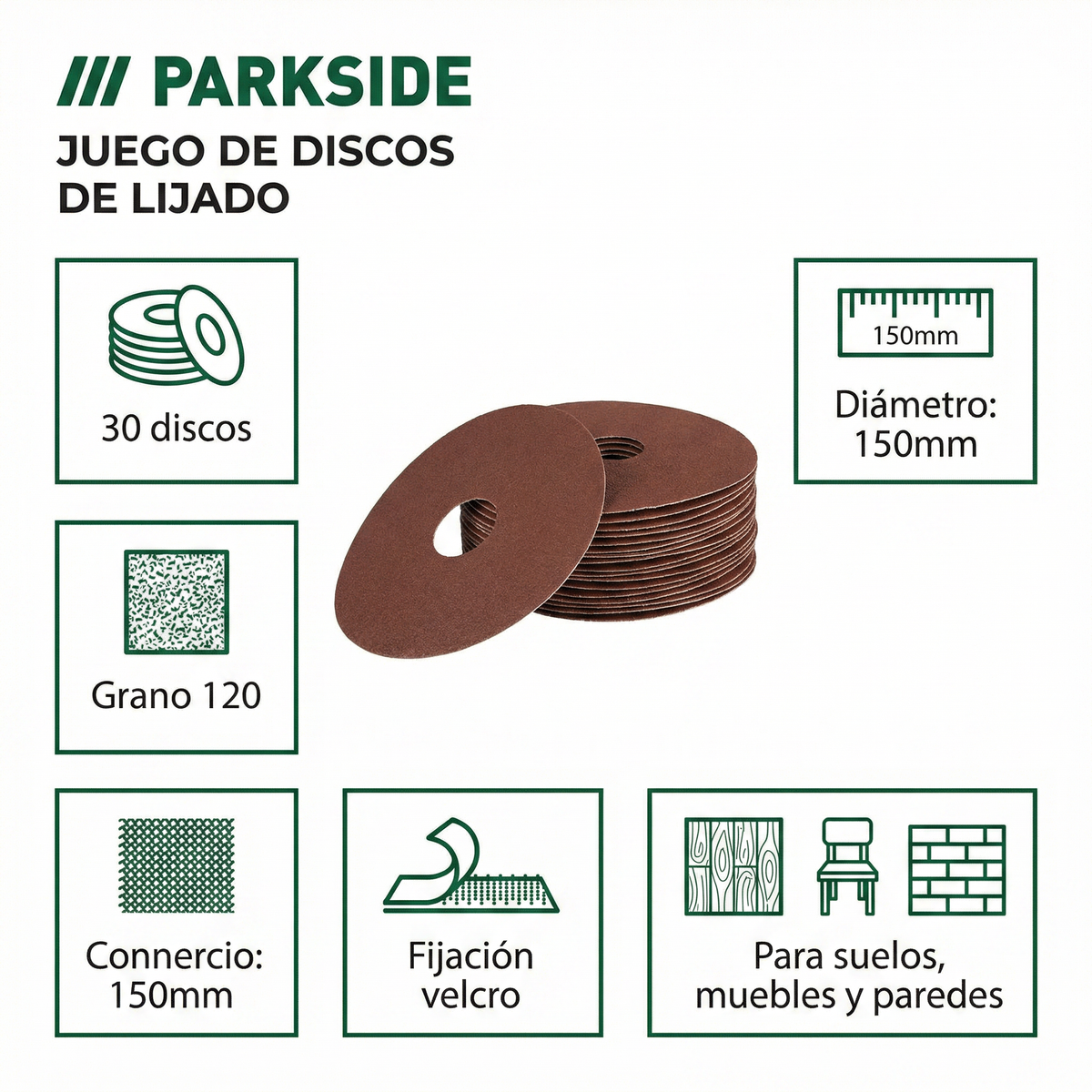 Set 30 Discos de Lija Parkside - 150mm Grano 120