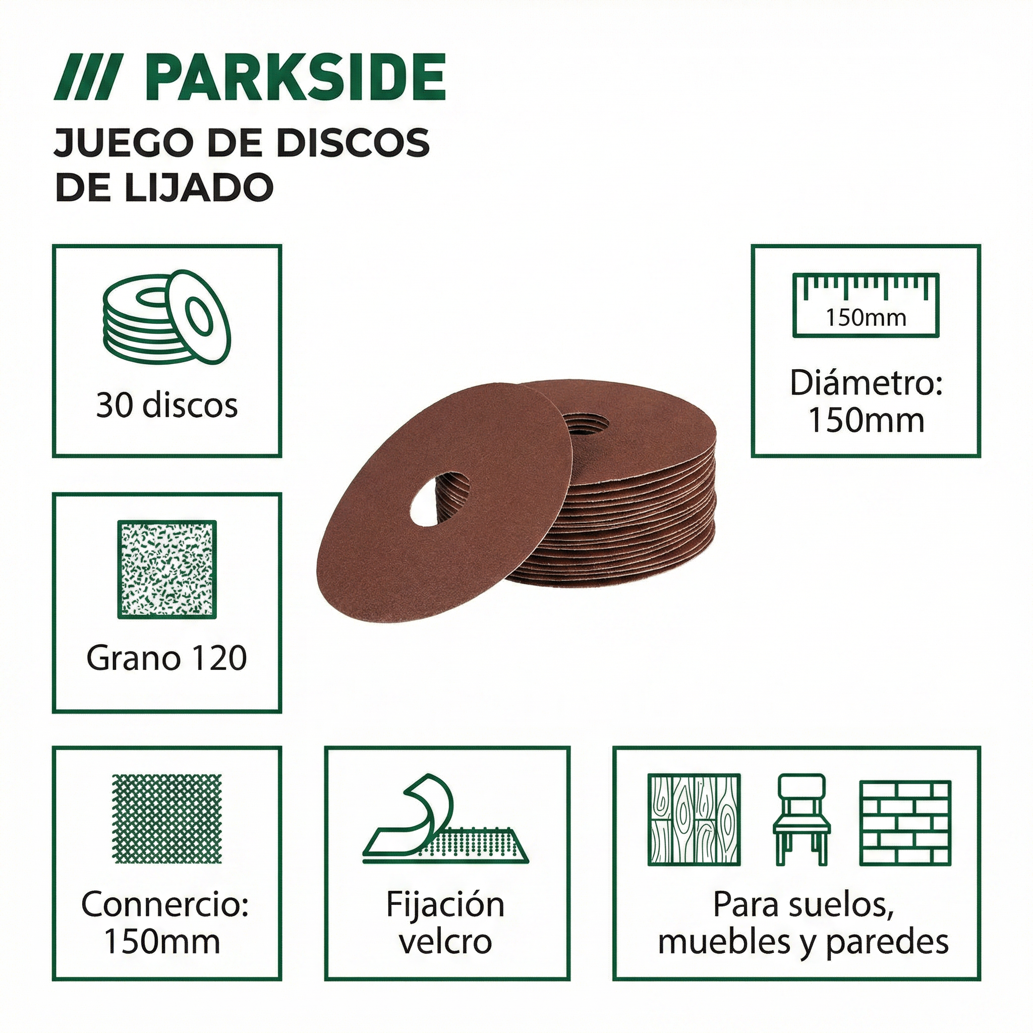 Set 30 Discos de Lija Parkside - 150mm Grano 120