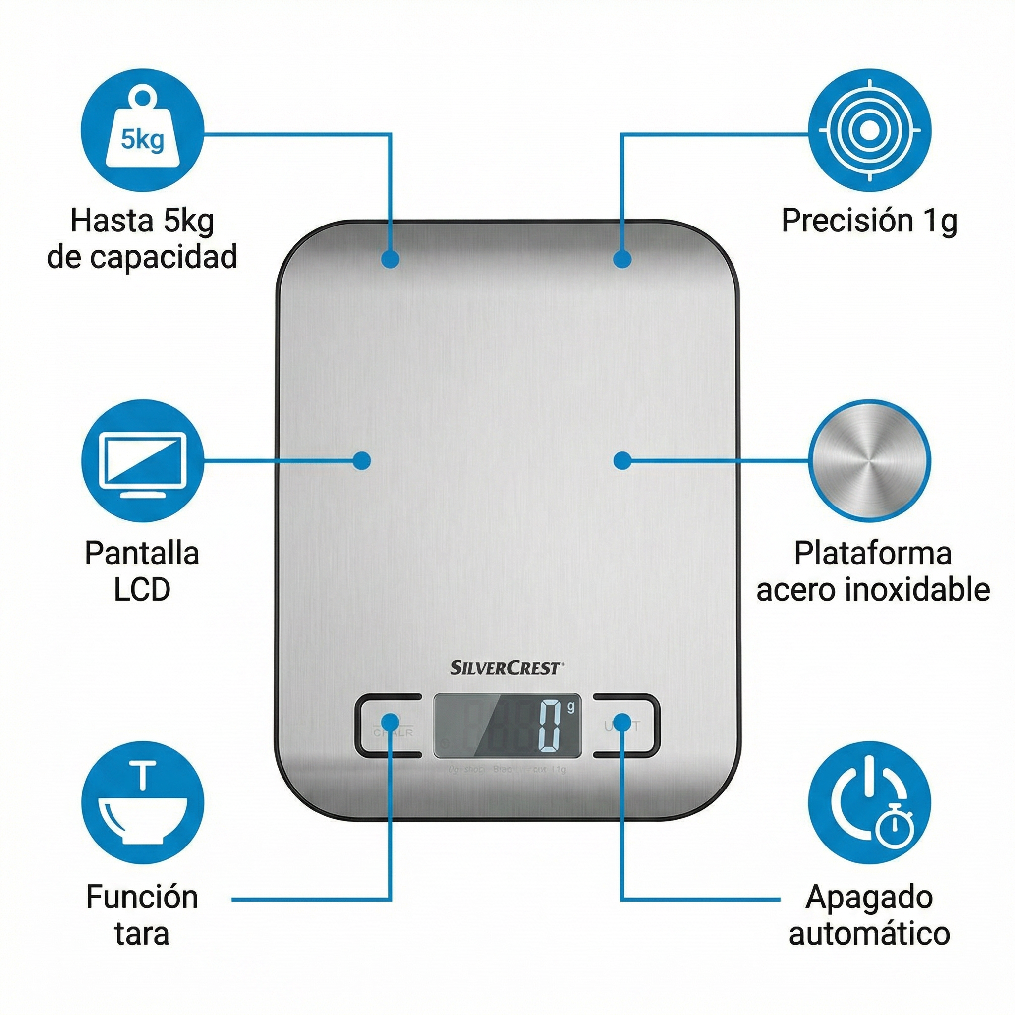 Bascula de Cocina Digital SilverCrest SKWS 5 A3 - Acero Inoxidable 5kg