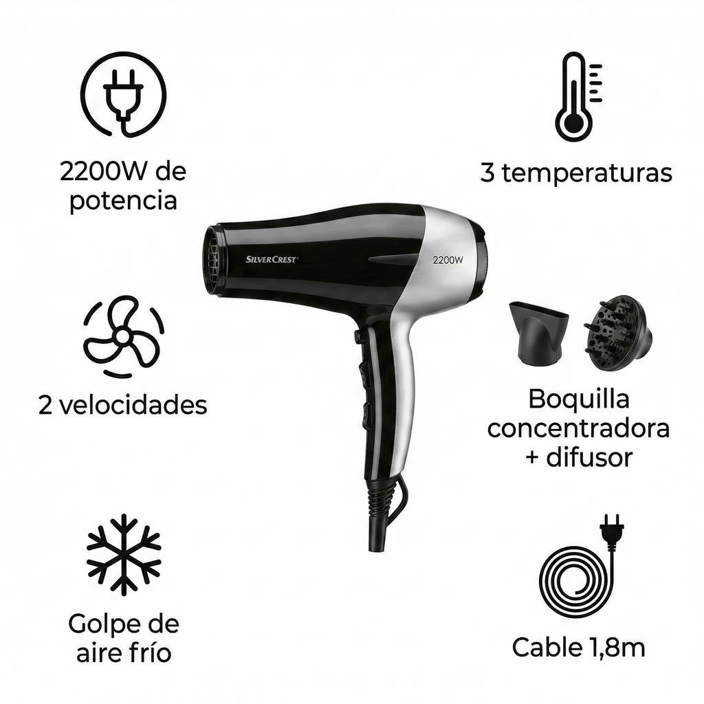 Secador de Pelo SilverCrest SHT 2200 F4 - 2200W con Difusor