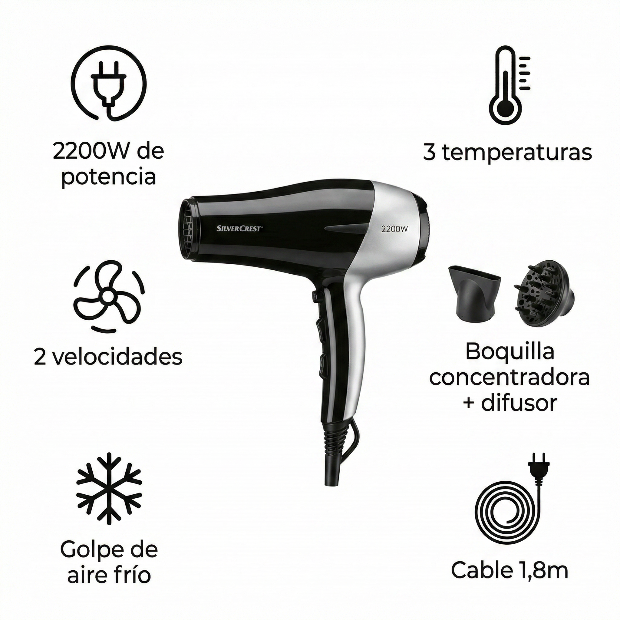 Secador de Pelo SilverCrest SHT 2200 F4 - 2200W con Difusor