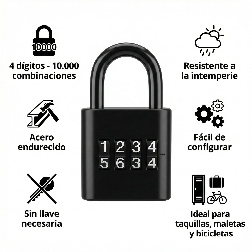 Candado de Combinacion 4 Digitos - Negro Resistente