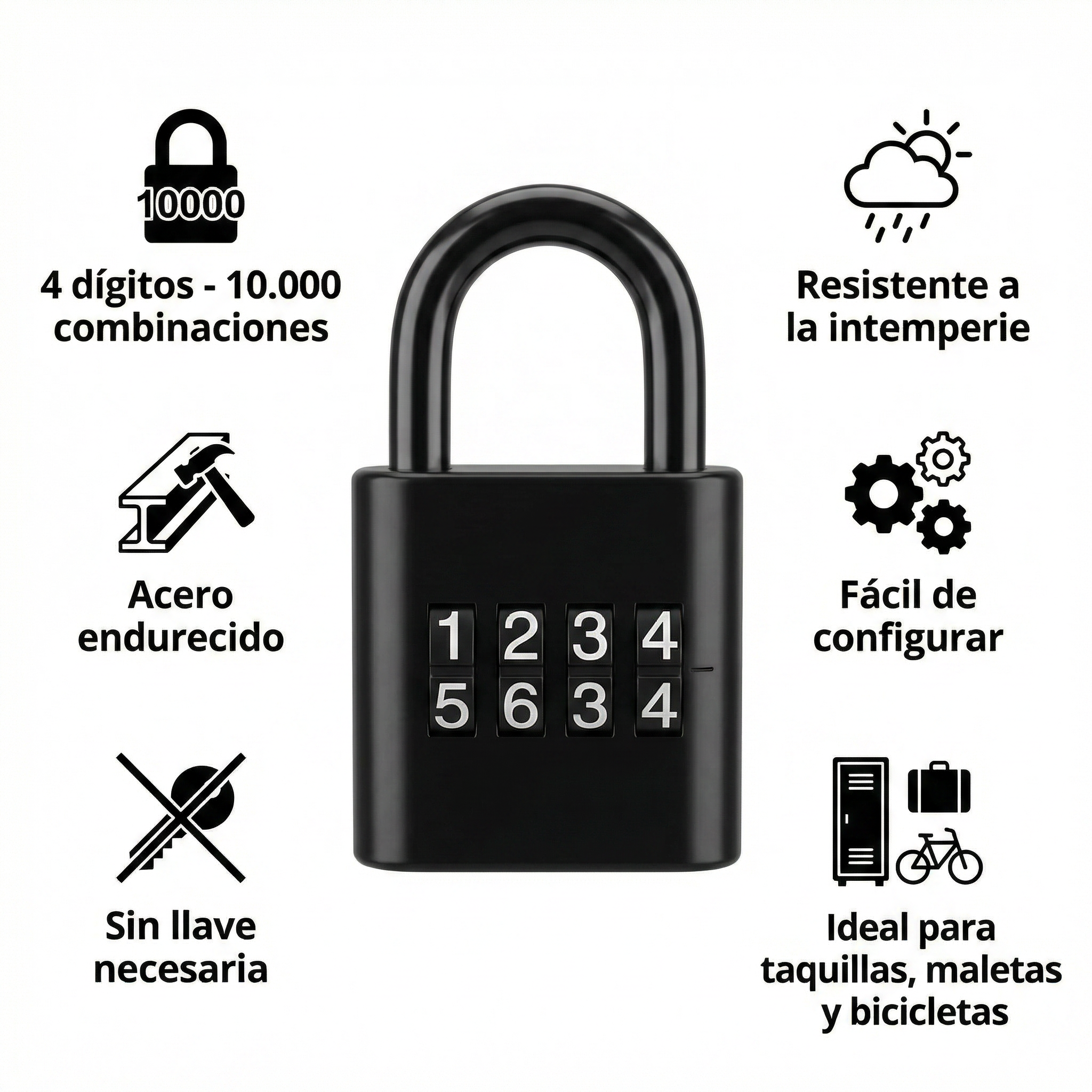 Candado de Combinacion 4 Digitos - Negro Resistente