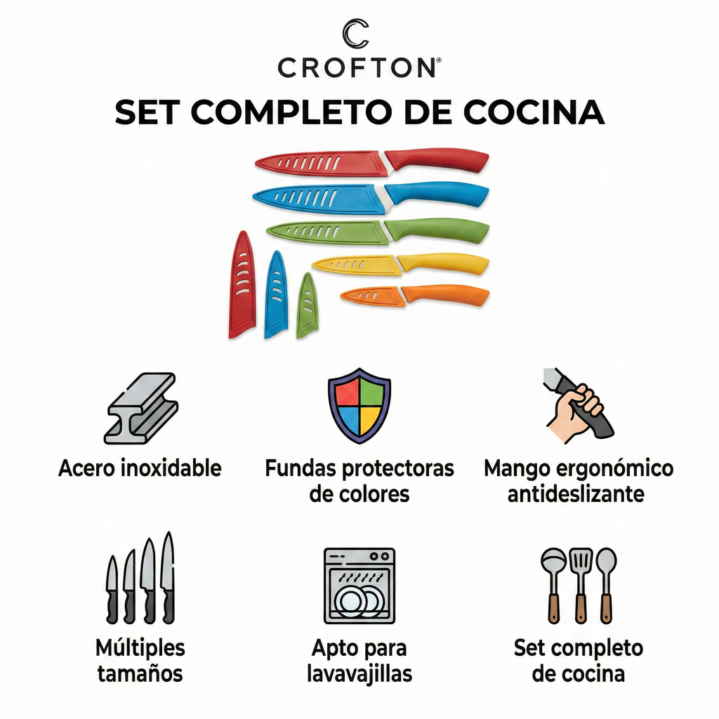 Set de Cuchillos de Cocina con Fundas Protectoras de Colores