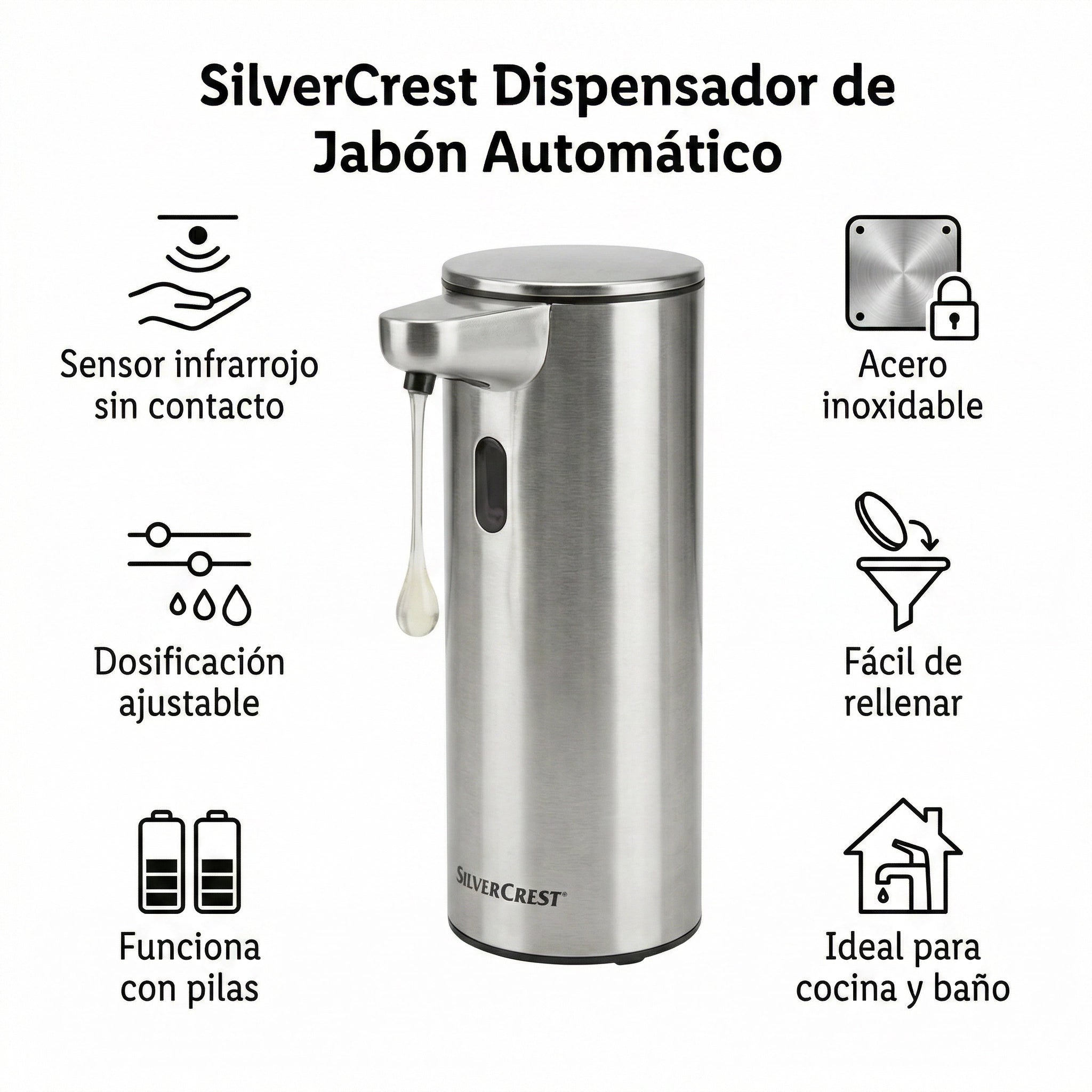 Dispensador de Jabon Automatico SilverCrest - Acero Inoxidable Sensor Infrarrojo