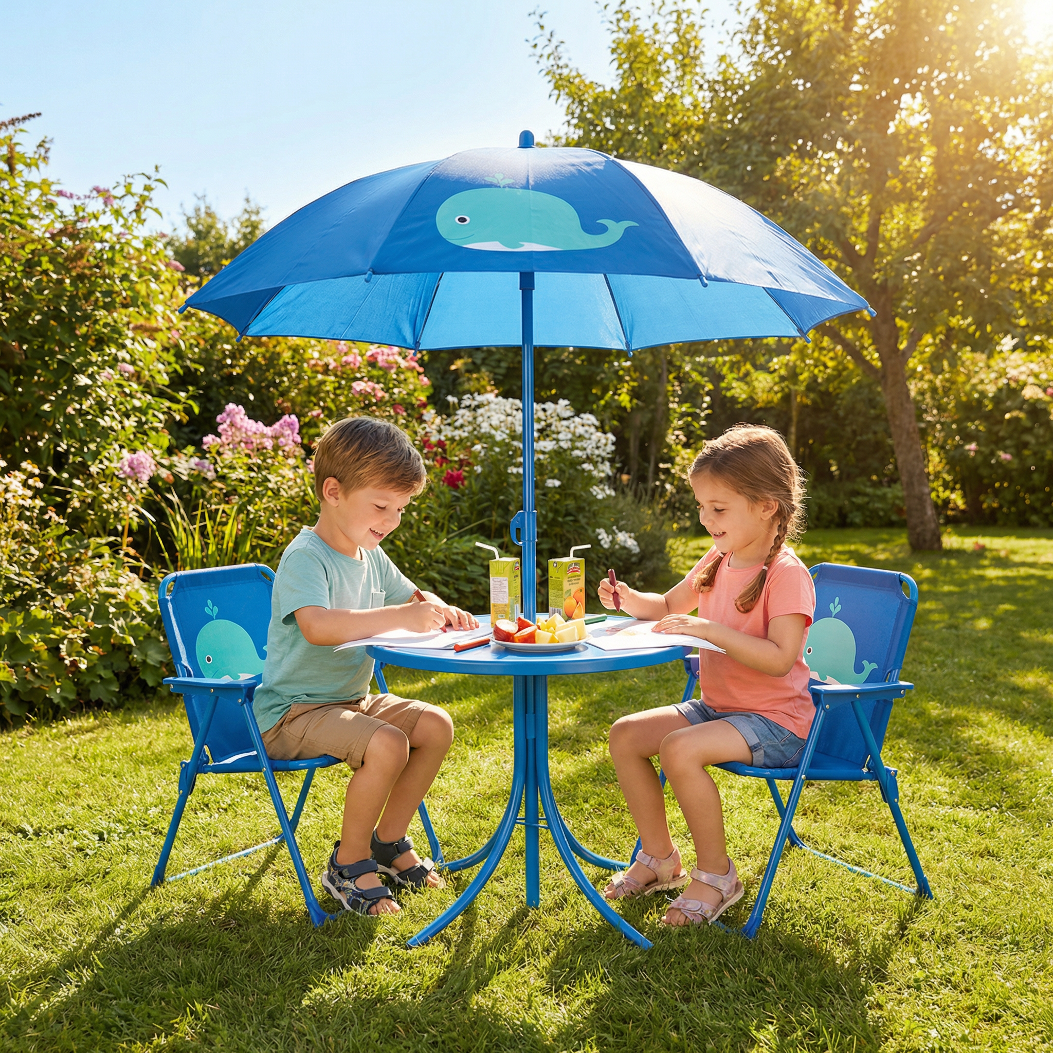 Set Mobiliario Infantil Livarno Home - Mesa + 2 Sillas + Sombrilla Ballena UPF 50+