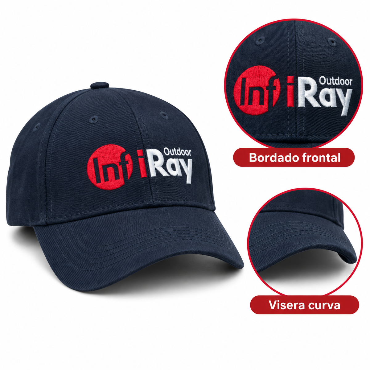 Gorra InfiRay Outdoor azul marino: detalle del bordado frontal y visera curva
