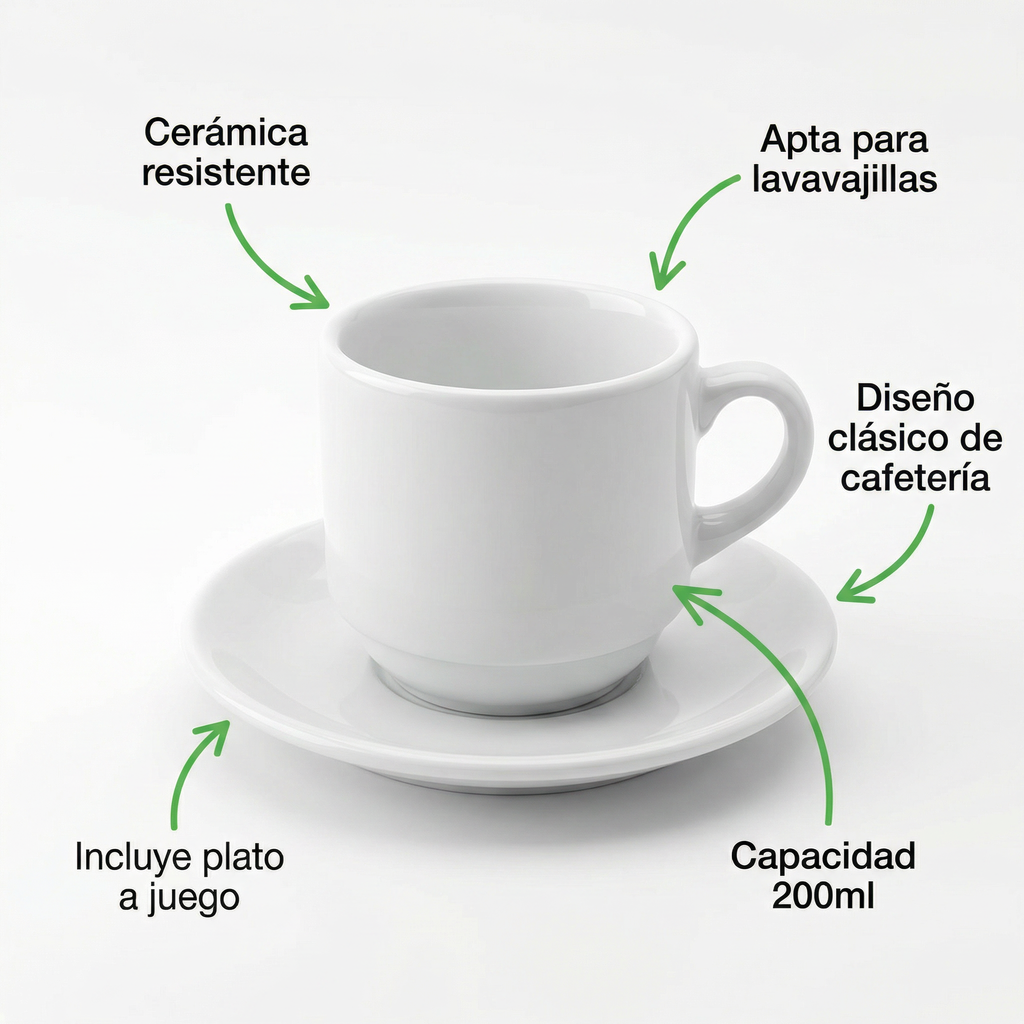 Taza de Café con Plato Cerámica Blanca Clásica 200ml