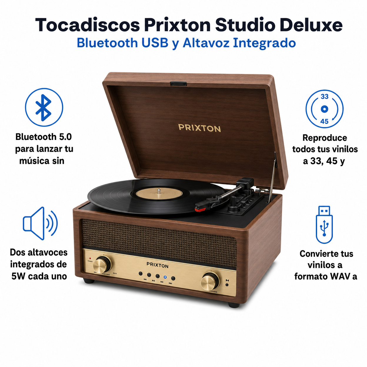 Tocadiscos Prixton Studio Deluxe | Bluetooth USB y Altavoz Integrado