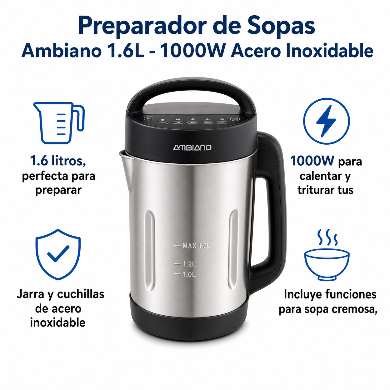 Preparador de Sopas Ambiano 1.6L - 1000W Acero Inoxidable