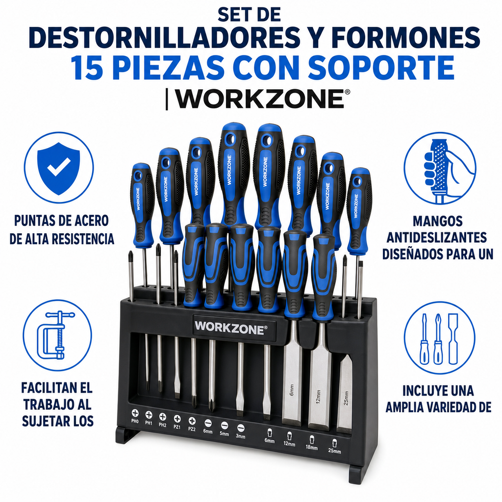 Set de Destornilladores y Formones 15 Piezas con Soporte | Workzone