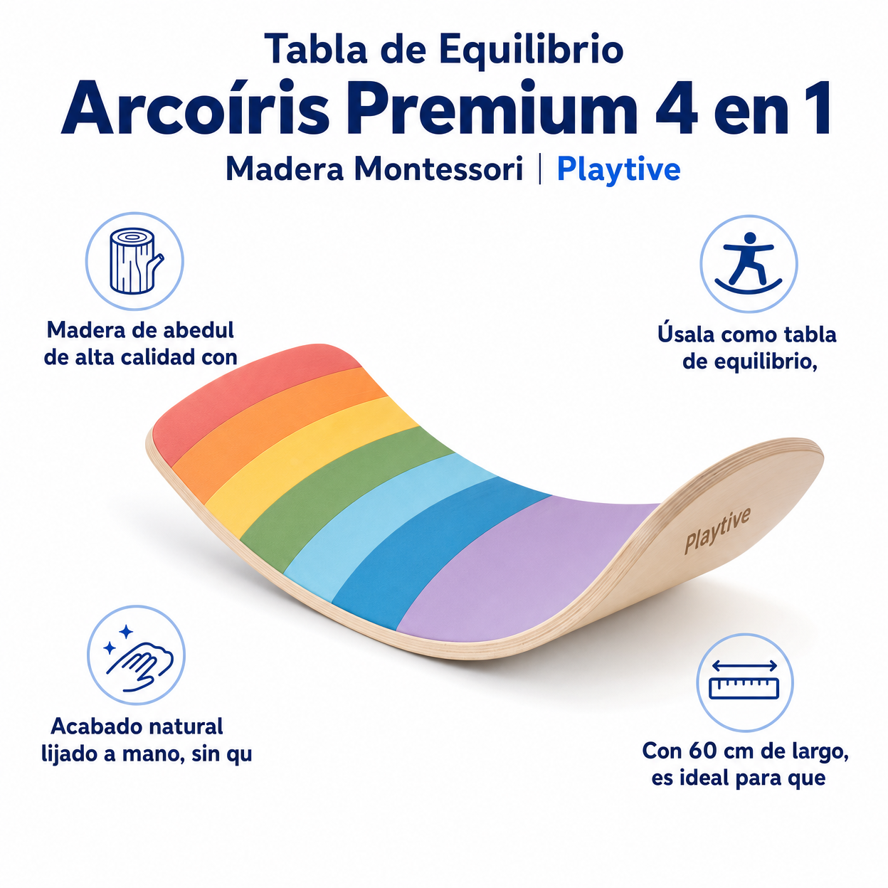 Tabla de Equilibrio Arcoíris Premium 4 en 1 - Madera Montessori | Playtive