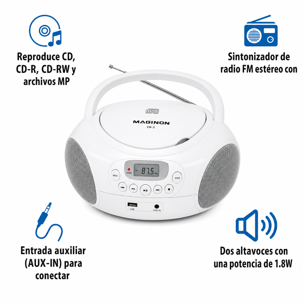 Radio CD Portátil Boombox Maginon CB-2 - FM + USB + AUX | Blanco