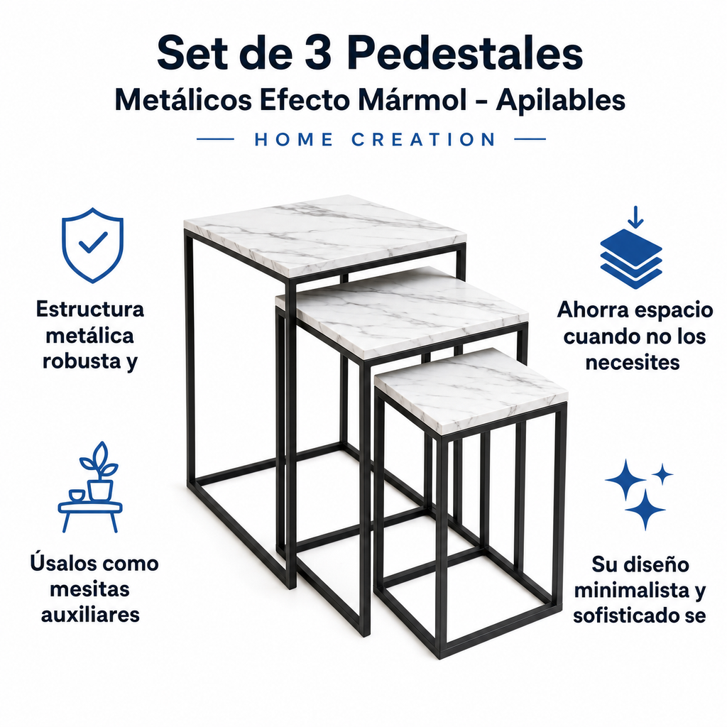 Set de 3 Pedestales Metálicos Efecto Mármol - Apilables | Home Creation
