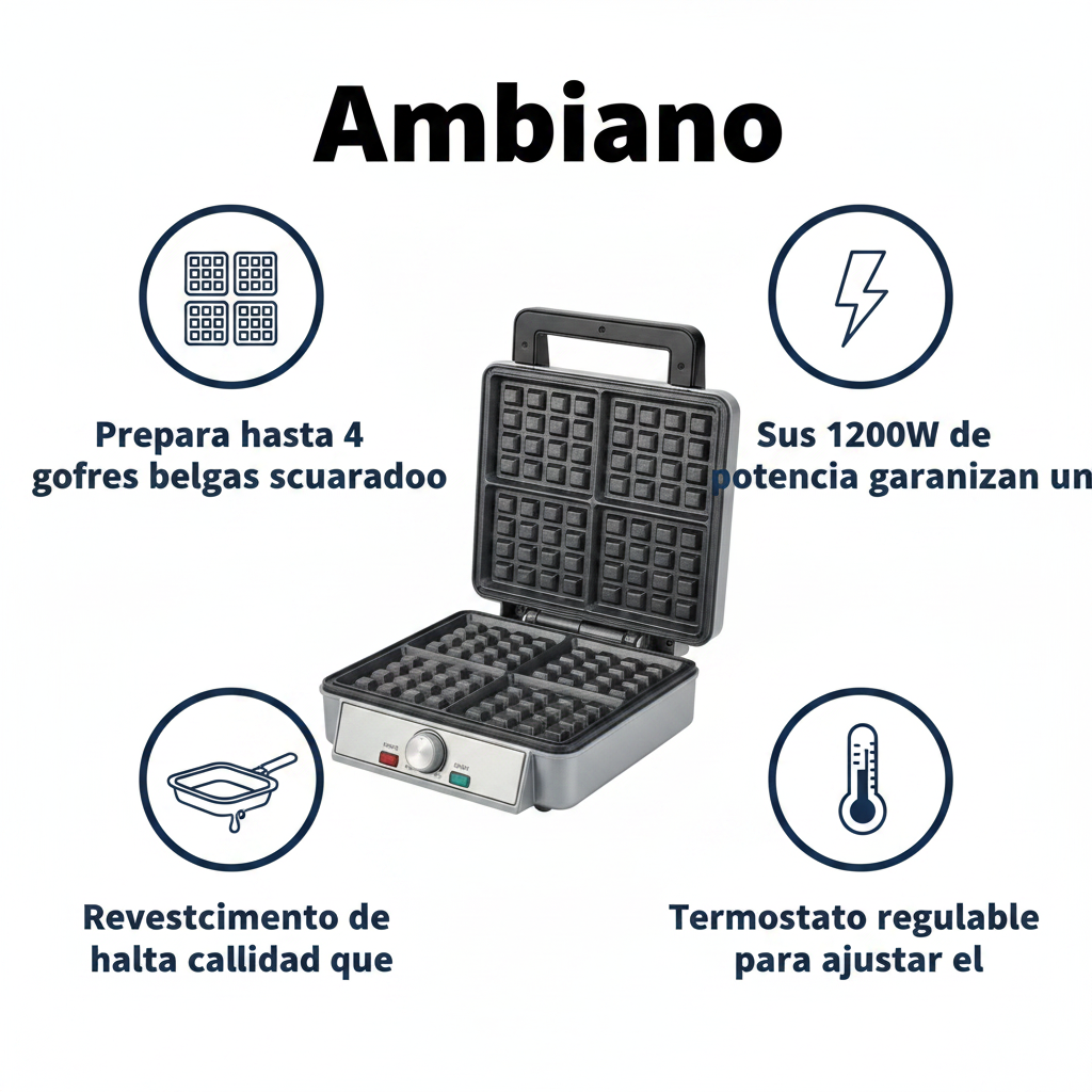 Gofrera XL para 4 Gofres Belgas - 1200W Placas ILAG Non-Stick | Ambiano