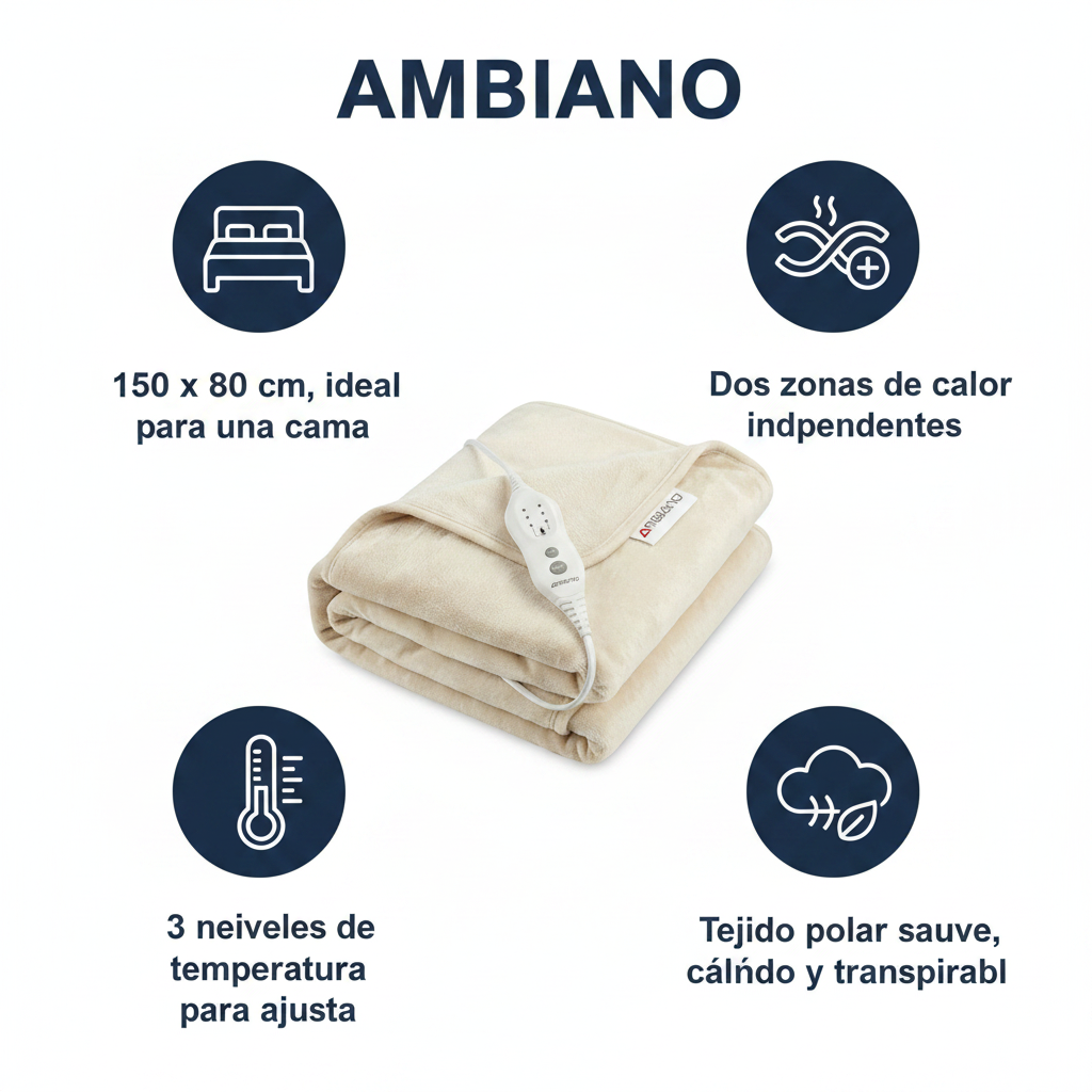 Manta Calefactable para Cama 150x80cm - 2 Zonas de Calor 3 Temperaturas | Ambiano