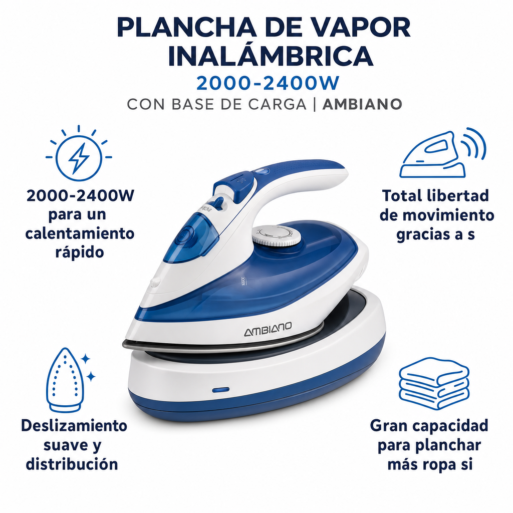 Plancha de Vapor Inalámbrica 2000-2400W con Base de Carga | Ambiano